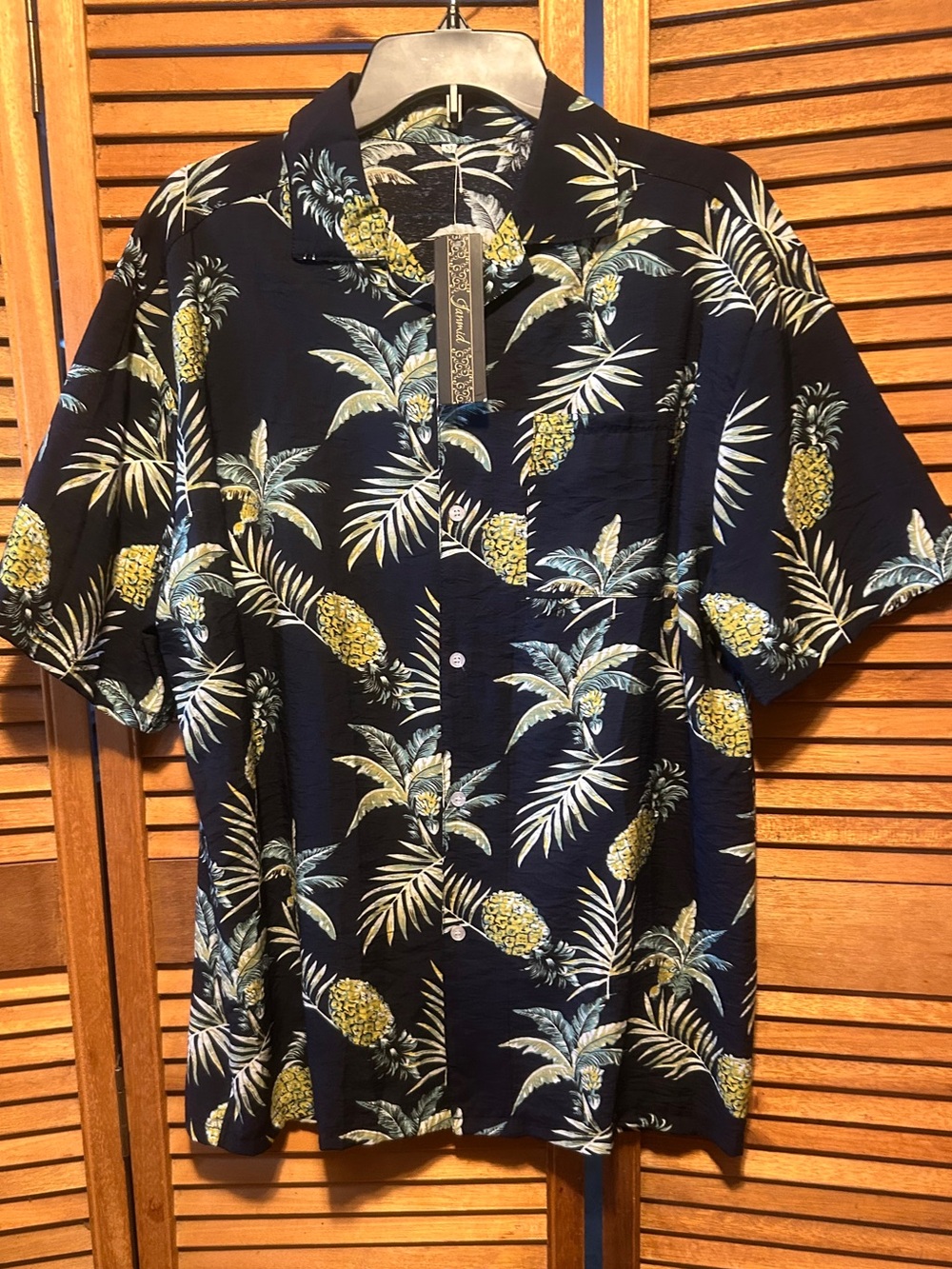 Janmid Navy Blue, Beige, Yellow & Green Pineapple, Palm Print Hawaiian Shirt